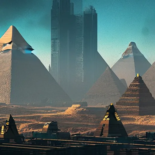 Prompt: cyberpunk future digital Giza pyramids