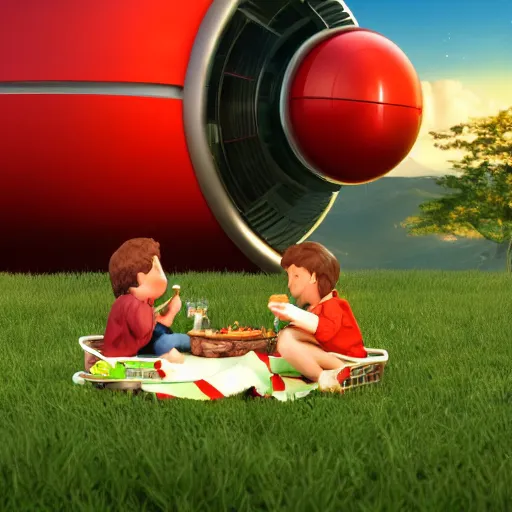 Image similar to a hyperrealistic octane render of max from flight of the navigator and hal 9 0 0 0 having a picnic, unreal engine, 8 k, ultrarealistic, photorealism