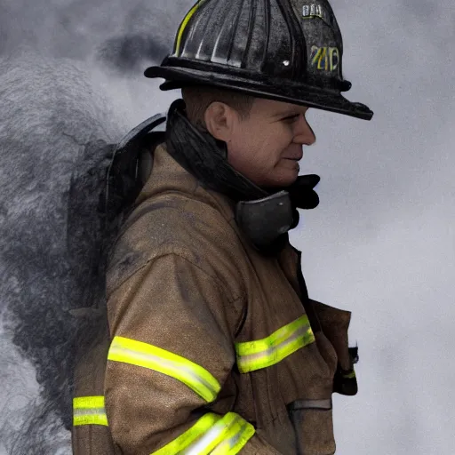 Image similar to tearful firefighter, ultra realistic, smokey