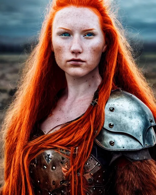 Image similar to north female warrior, red hair, ginger hair, long hair, fantasy, female Viking, high detailed, photography, cloudy, lightweight leather armour, Scandinavia, plain, detailed face, beautiful face, look into the distance, professional model, glowing skin, serious face, full body, professional photographer, masterpiece, 50 mm, 8k, 3D