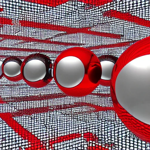 Prompt: chrome spheres on a red cube, glitch