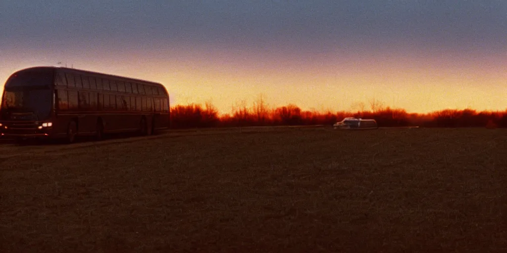 Prompt: an infinitely long greyhound bus never ending, sunset, eerie vibe, leica, 2 4 mm lens, cinematic screenshot from the 2 0 0 1 surrealist film directed by charlie kaufman, kodak color film stock, f / 2 2, 2 4 mm wide angle anamorphic