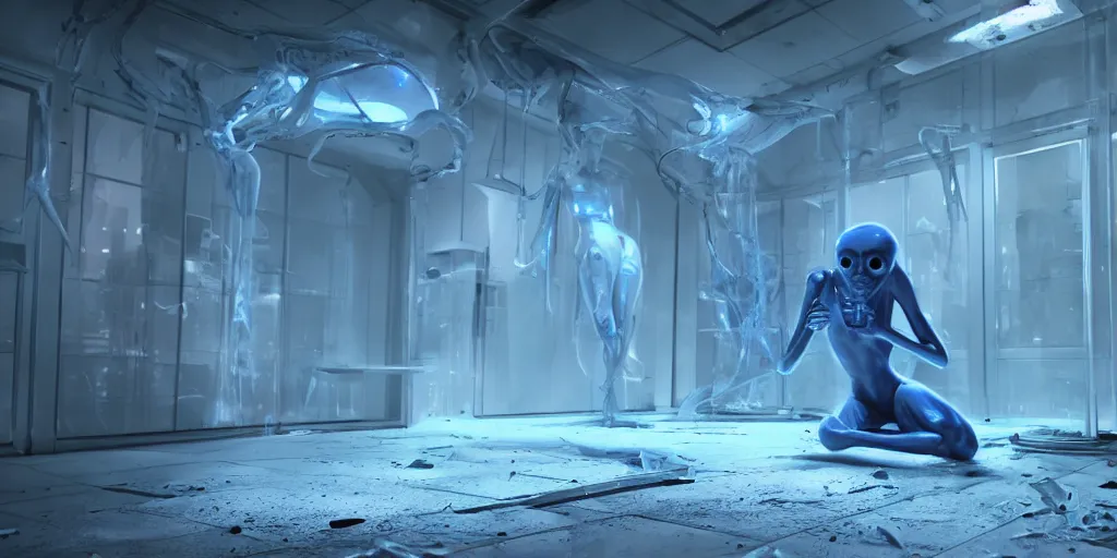 Image similar to an alien trapped in a blue crystal inside an abandoned laboratory, hyperrealistic, cgsociety, path traced, highly detailed, high quality, 8 k, dramatic lighting, cinematic, high coherence, anatomically correct, trending on artstation, midjourney style, epic scene, concept art, octane render, unreal engine 5, digital art