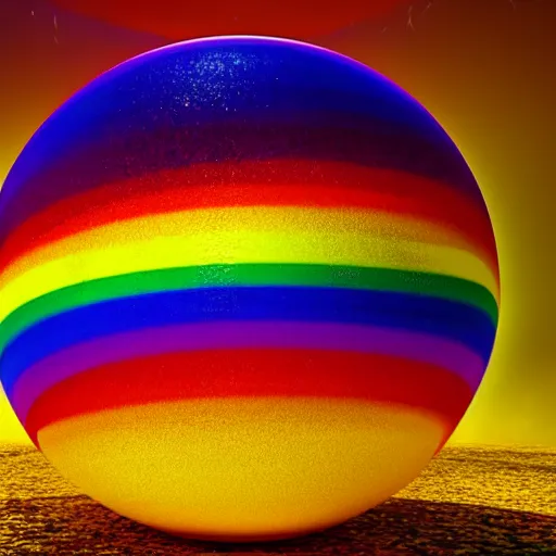 Prompt: rainbow ball in the void, realistic artstyle, wide shot, dramatic lighting, octane render, hyperrealistic, high quality, highly detailed, HD, beautiful, cinematic, 8k, unreal engine, facial accuracy, symmetrical