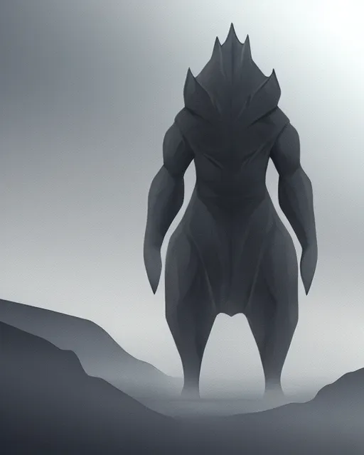 Image similar to concept art for a tall smooth, sleek kaiju creature, walking through a mountain range, fog, mountains in the distance | | epic - fine - clean, polished, trending on artstation, anime style, brush strokes