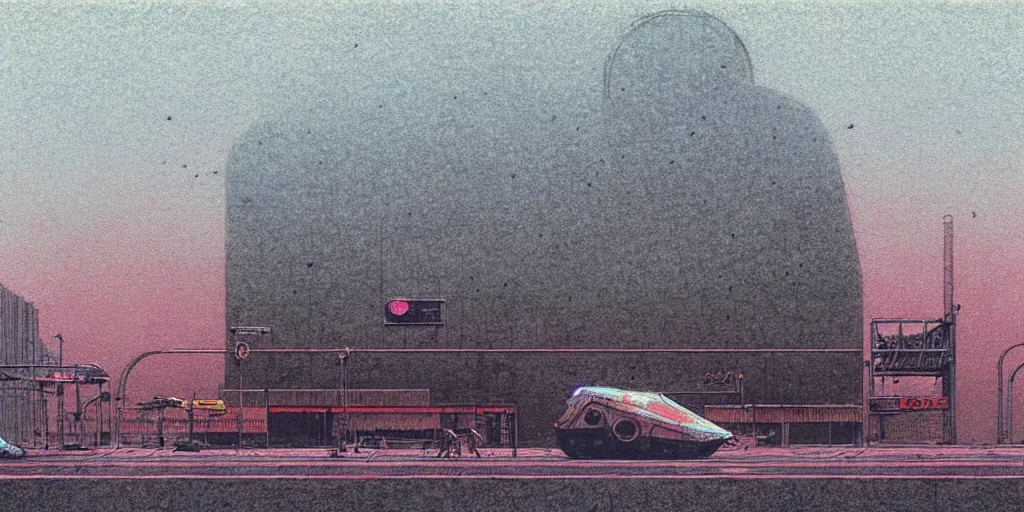 Prompt: grainy risograph matte painting of gigantic huge mech covered with wounds,, pastel matte colors, staying in the foggy huge parking station, by moebius, hyperrealism, intricate detailed