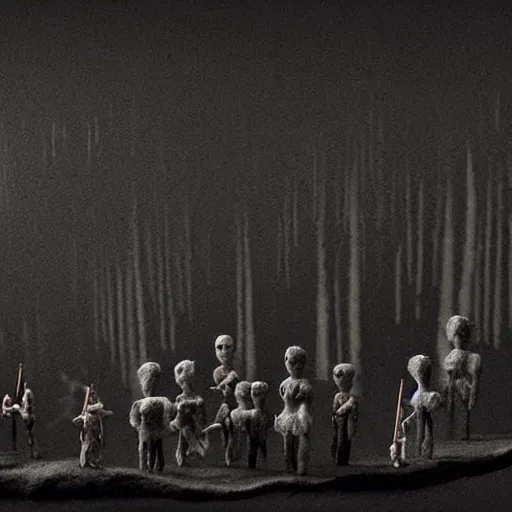 Prompt: the last orchestra, surrealistic detailed claymation art, dark, moody, foggy