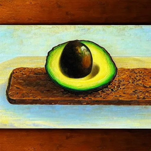 Image similar to avocado on toast on a coffee table by salvador dali, oil on canvas