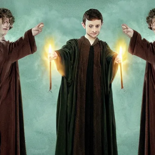 Prompt: Elijah Wood as Harry Potter casting a spell, wizard, robe, wand