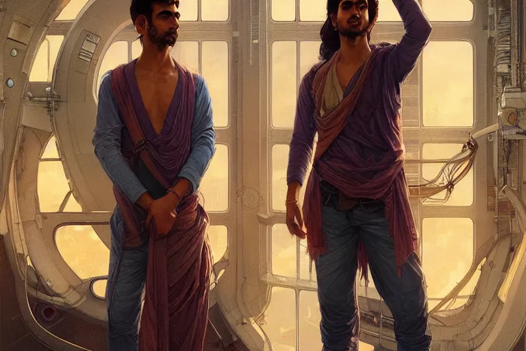 Image similar to Sensual good looking pale young Indian doctors wearing jeans in a space elevator above Earth, portrait, elegant, intricate, digital painting, artstation, concept art, smooth, sharp focus, illustration, art by artgerm and greg rutkowski and alphonse mucha