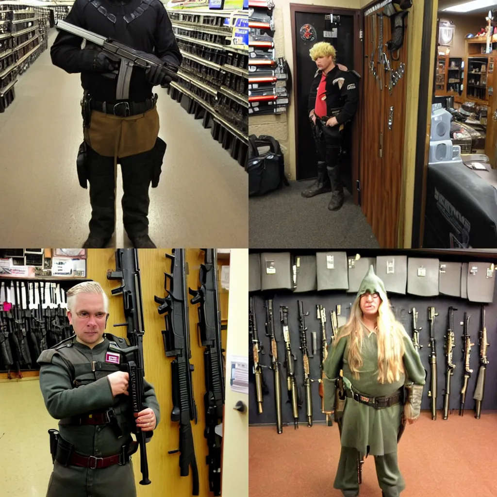 Prompt: Just one of the many elite elven guards that live in the backrooms of The Gun Store