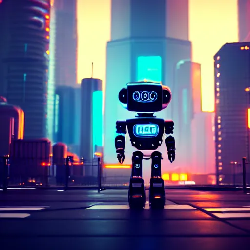 Image similar to a cute big robots in a cyberpunk city. super realistic 8 k render of a elegant, cinematic composition