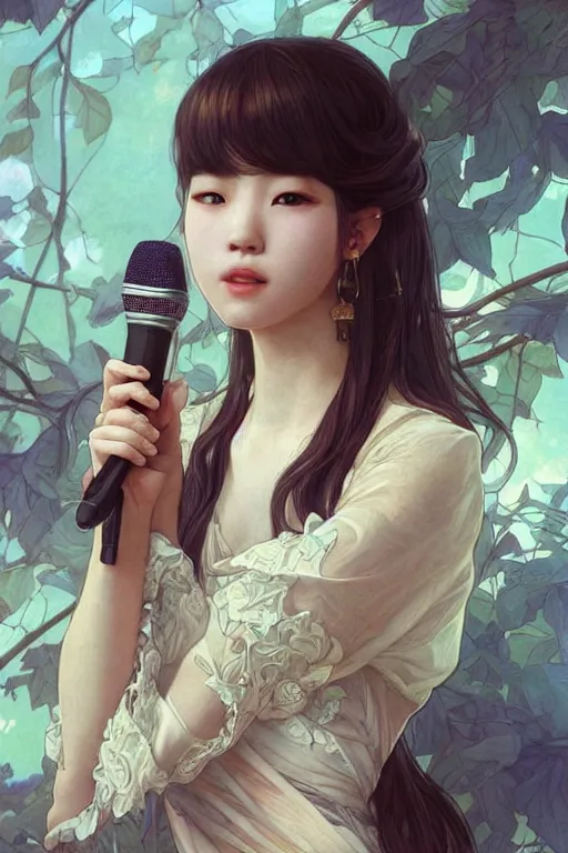 Prompt: beautiful cottagecore bts k-pop band holding a microphone. intricate, elegant. highly detailed, digital painting, artstation, concept art, smooth, sharp, focus, illustration. . art by artgerm and greg rutkowski and alphonse mucha