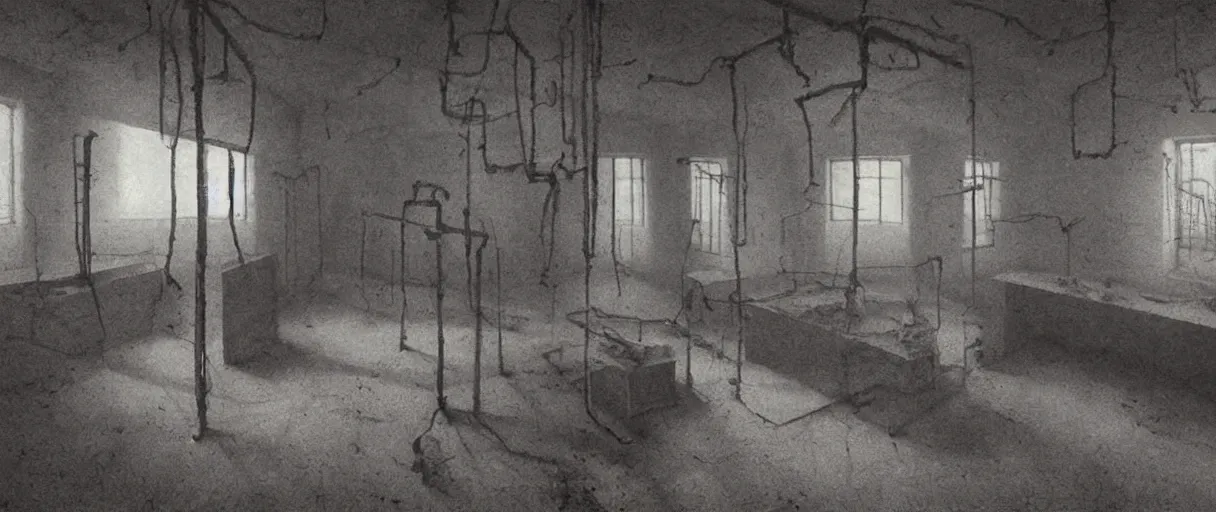 Image similar to dark soviet abandoned laboratory room by Zdzisław Beksiński,