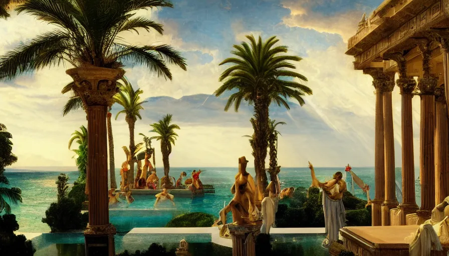 Image similar to From the balcony of the giant Palace, mediterranean balustrade and columns, refracted line and sparkles, thunderstorm, greek pool, beach and Tropical vegetation on the background major arcana sky and occult symbols, by paul delaroche, hyperrealistic 4k uhd, award-winning, very detailed paradise