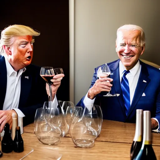 Image similar to a close up portrait of Donald Trump and Joe Biden drinking wine, there's a bottle of wine on the table, DSLR photography, studio photograph
