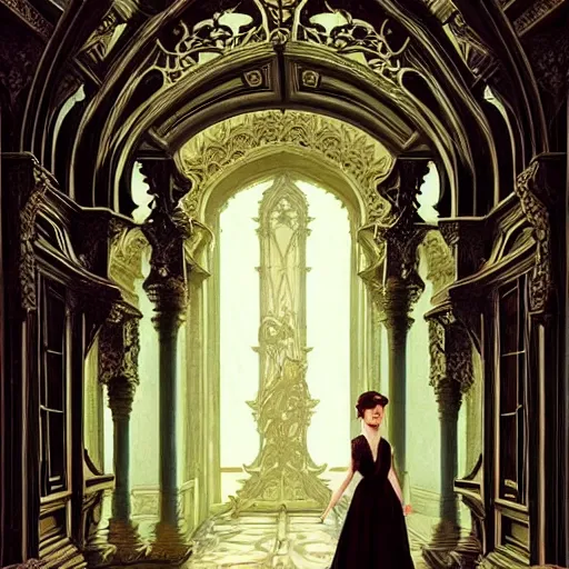 Image similar to audrey hepburn in an epic victorian novel, inside an ornate castle, intricate, elegant, highly detailed, digital painting, artstation, matte, illustration, art by artgerm, greg rutkowski, loish, rhads, ferdinand knab, makoto shinkai, lois van baarle, ilya kuvshinov, rossdraws, tom bagshaw