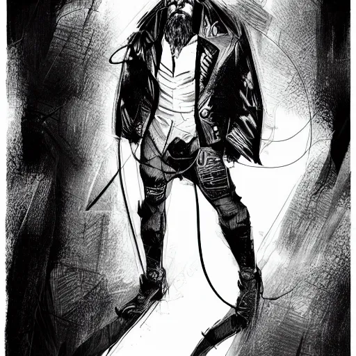 Prompt: concept art character, very high angle view, book cover, very attractive man with beard, walking in cyberpunk valley highly detailed full body, strong masculine features, sturdy body, command presence, royalty, smooth, sharp focus, organic, appealing, book cover, deep shadows, by Dave McKean sketch lineart for character design