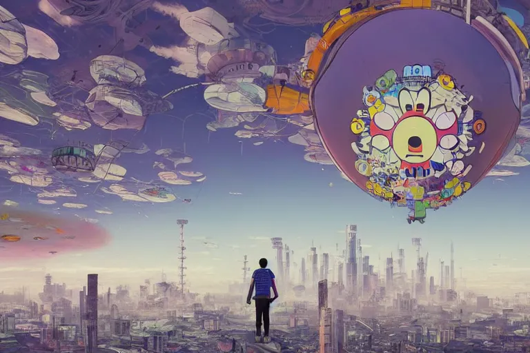 Image similar to a young man with a survivor backpack walking on clouds away from the camera perfectly centered above post - apocalyptic city by takashi murakami, beeple and james jean, aya takano color style, 4 k, super detailed, modern, 4 k, symmetrical