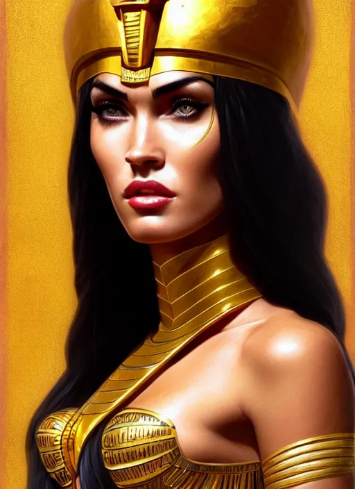 Prompt: portrait of megan fox as egypt queen, pharao, sun, mummy, scarab, pyramids, gold, intricate, headshot, highly detailed, digital painting, artstation, concept art, sharp focus, cinematic lighting, illustration, art by artgerm and greg rutkowski, alphonse mucha, cgsociety