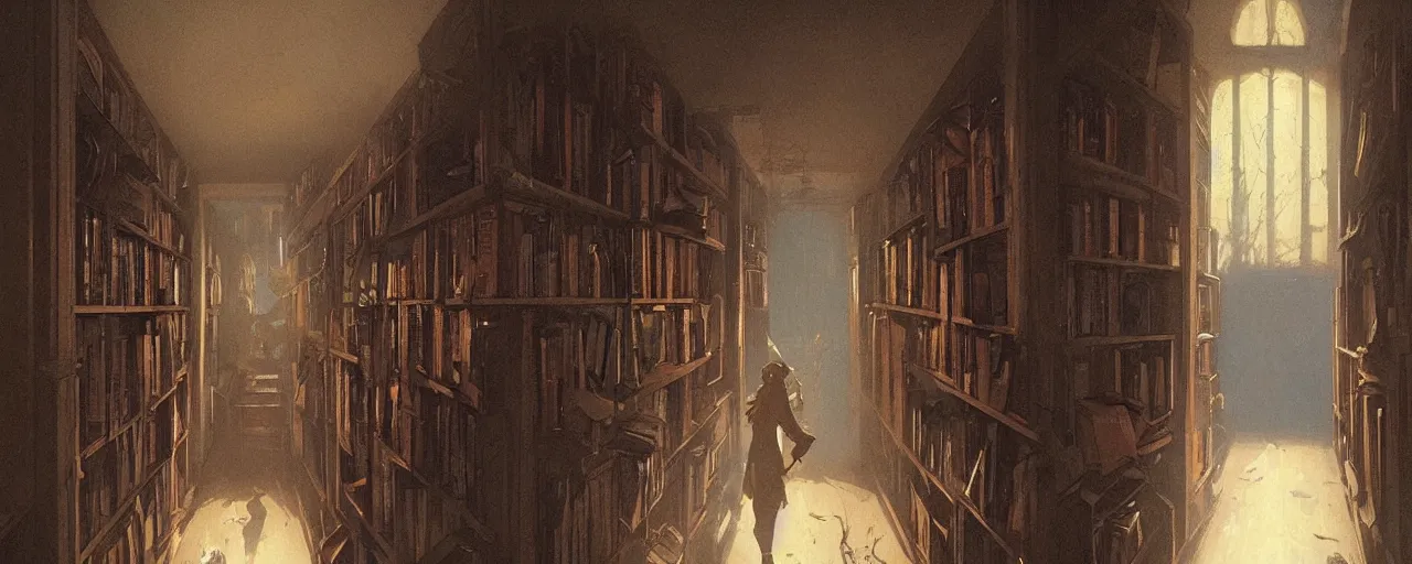 Image similar to dark scary horror corridor with bookshelves everywhere, artstation, concept art, smooth, sharp focus, ultra-wide illustration, dark blue color, art by and greg rutkowski and alphonse mucha