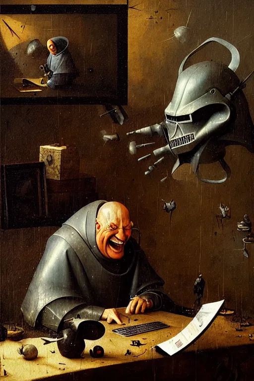 Image similar to hieronymus bosch, greg rutkowski, anna podedworna, painting of the master chief laughing at a laptop