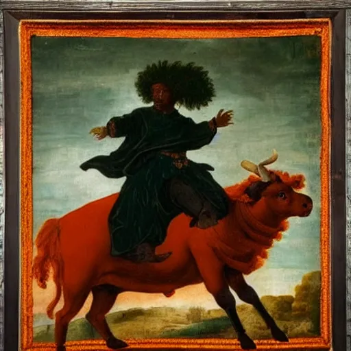 Image similar to photograph of a black man with afro hair wearing an army green cloak, riding!!! an orange colored bull!!!, renaissance style painting