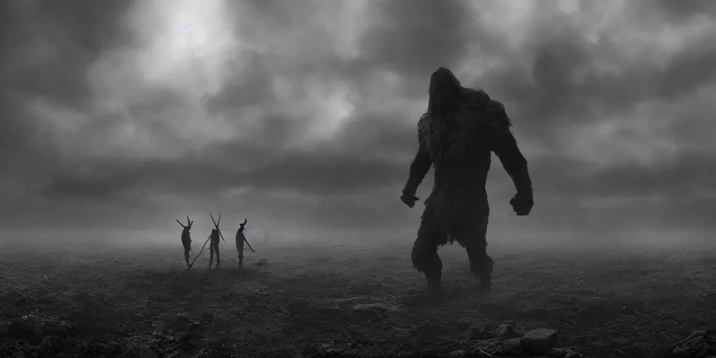 Prompt: giants stride across a darkened world, moody, atmospheric, intense, cinematic, high - resolution, photorealism