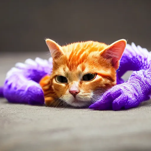 Image similar to tiny adorable purple fantasy dragon cuddles an orange tabby cat, realistic, orange tabby cuddles purple dragon, award - winning photography