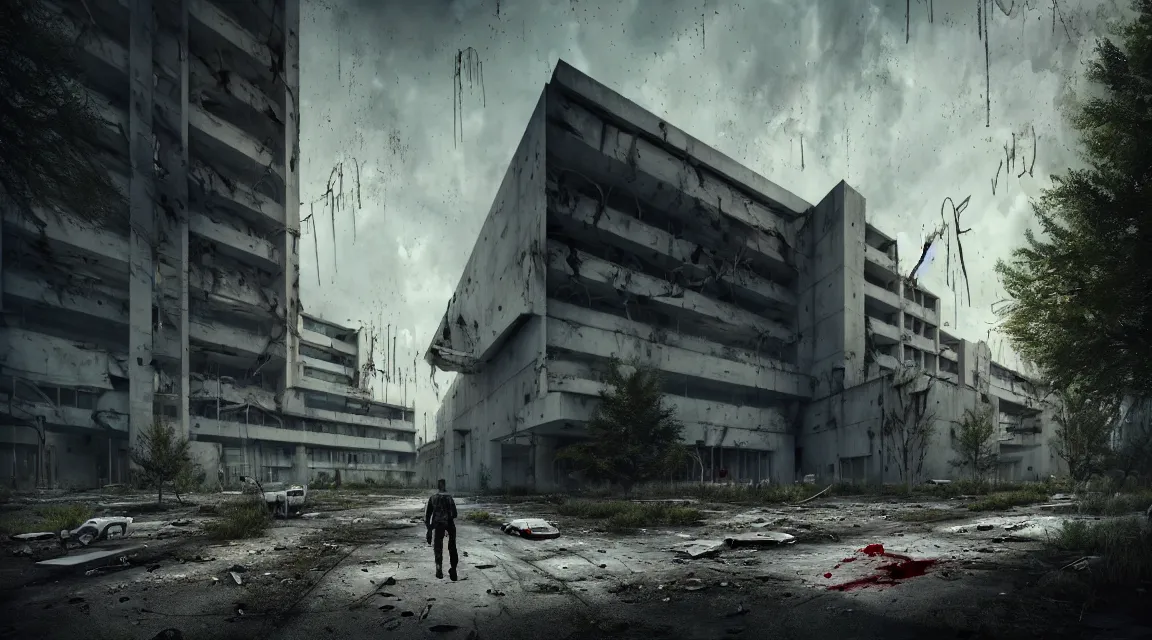 Image similar to post apocalyptic hospital building, featuring a big grey alien walking, morning, building, avenue, modern contemporary urban americana concrete architecture, by pascal blanche, neil blevins, apocalyptic color palette, trending on artstation, photorealistic, wilderness ambiance, ultra detailed, high definition, depth of field, bokeh, rubble, wild vegetation, blood stains, building crumbling