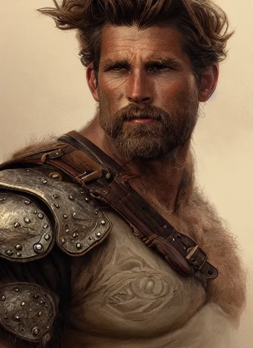 Image similar to portrait of a ruggedly handsome ranger, hands details, muscular, full body, leather, hairy, d & d, fantasy, intricate, elegant, highly detailed, digital painting, artstation, concept art, smooth, sharp focus, illustration, art by artgerm and greg rutkowski and alphonse mucha