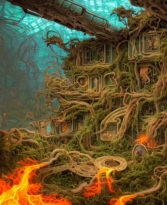 Image similar to an elegant dollhouse made out of exotic fungus, overgrown with weird fungus and tendrils, spaceship, sci - fi, robots, sleek, partly cloudy, hell, fire, brimstone, lava, by dan mumford, yusuke murata, makoto shinkai, ross tran, cinematic, unreal engine, cel shaded, featured on artstation, pixiv