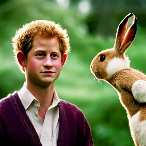 Prompt: Prince Harry as Bartook a teen hobbit with short curly dark brown hair wearing a blue vest with a white sash standing next to a giant rabbit, high resolution film still, movie by Peter Jackson