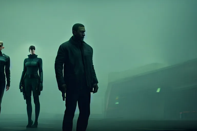 Image similar to film still of closeup diverse futuristic police friends in blade runner 2 0 4 9, cinematic, moody, gritty neon noir by emmanuel lubezki