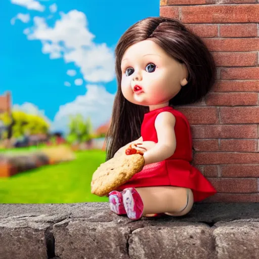 Image similar to plastic doll with giant realistic hands eating a cookie sitting on brick wall, garden background, sky, photo, hd