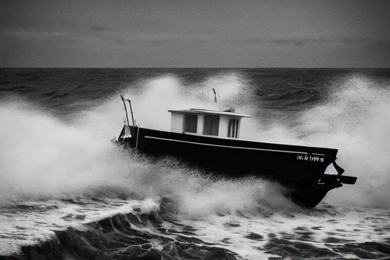 Prompt: a black and white photo of a tiny fishing boat overwhelmed by huge waves, broiling seas, an album cover by hallsteinn sigurðsson, trending on behance, optical illusion, chillwave, concert poster, poster art, geometric