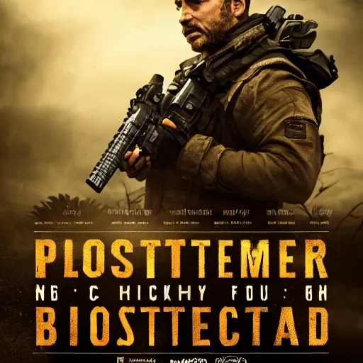 Image similar to cinema poster of blockbuster, 8k, post apocalypse, war themed, concept art, smooth, highly detailed, cinematic lighting, epic, sharp focus
