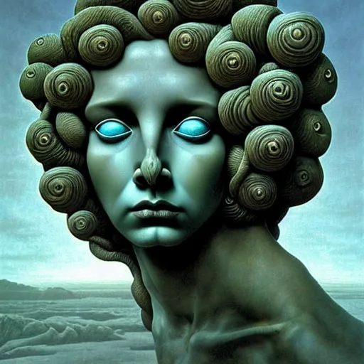 Image similar to depressive greek medusa, beautiful face, crying, tubular creature, blood vesels, no face, dystopian surrealism, art style alex ries giger zdzisław beksinski, symmetry accurate features, stone marble, defined, sharp, polished, very intricate details, high resolution, high quality