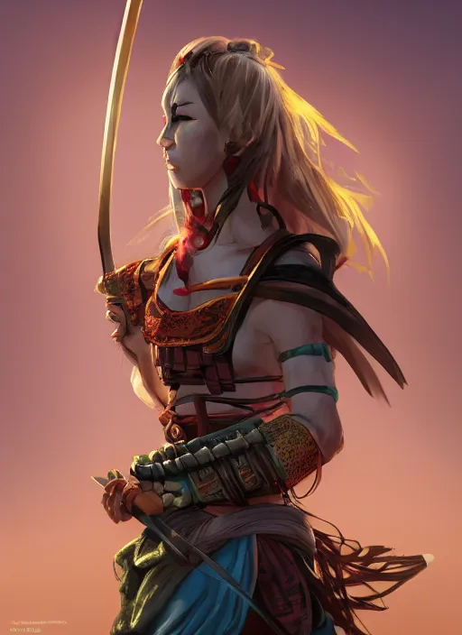 Prompt: samurai girl which chest wrapped in bandages with katana in desert, fantasy, medieval, vivid colors, fantasy, elegant, concept art, sharp focus, beautiful face, digital art, Hyper-realistic, 4K, Unreal Engine, Highly Detailed, HD, Dramatic Lighting by Brom, trending on Artstation