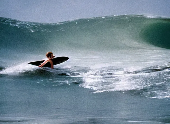 Image similar to color photo of a shark fin in the water beside a surfergirl riding a big wave in the 8 0's