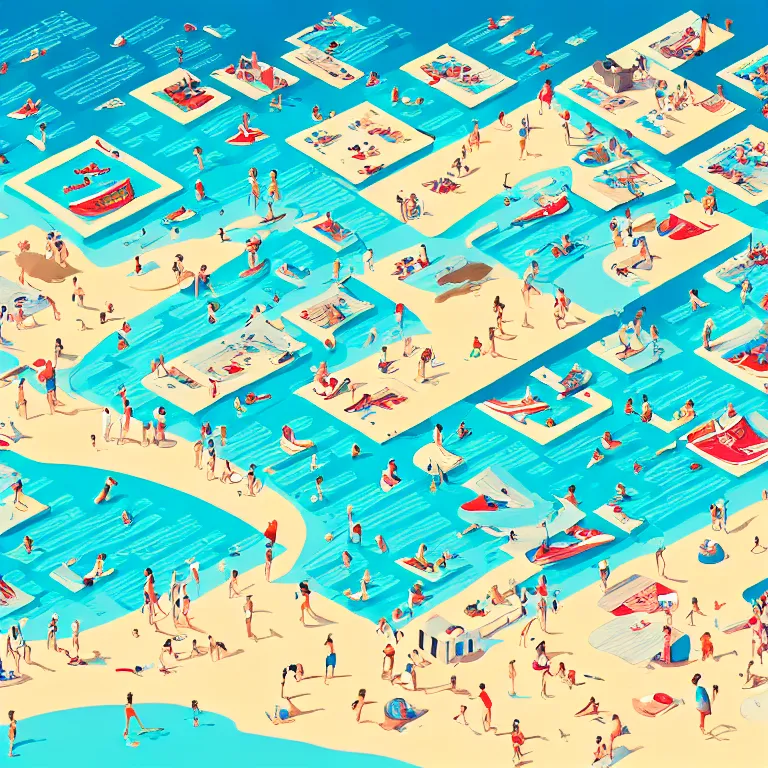 Prompt: high detailed full page spread from the where's waldo at a densely populated beach, isometric, waldo in the top right of frame, high detail illustration, coherent