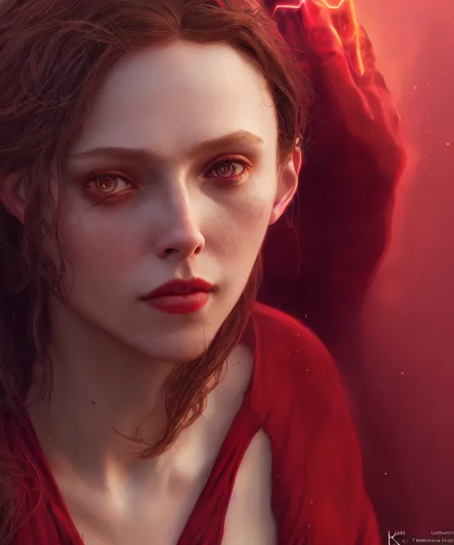 Image similar to Scarlet Witch, au naturel, portrait, full body, hyper detailed, digital art, trending in artstation, cinematic lighting, studio quality, smooth render, unreal engine 5 rendered, octane rendered, art style by klimt and nixeu and ian sprigger and wlop and krenz cushart