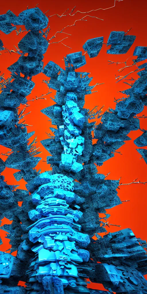 Image similar to 3 d photographic render of a deconstructed blue torii mandelbulb sculpture, orange bioluminescent chrometype, made of liquid metal, neotribal with thorns and green thunders, cyberpunk japanese temple, raytraced, hyper realistic, volumetric lightning, 8 k, by zhelong xu, ouchh and and innate studio