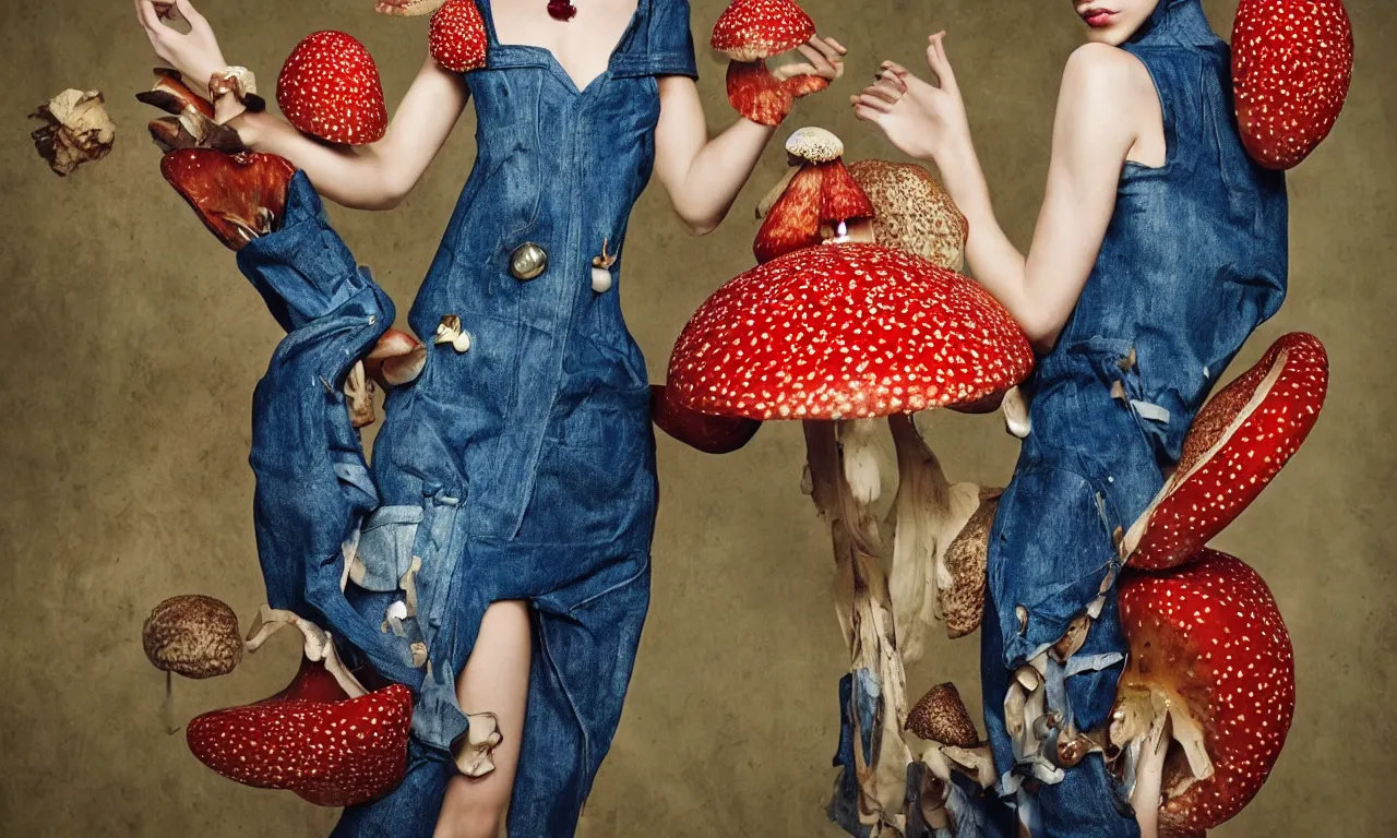 Prompt: a fashion shot of beautiful anthropomorphic mushroom woman, buxom, silk, chiffon, patent leather, steel studs, denim, leather, jewels, amanita myscaria