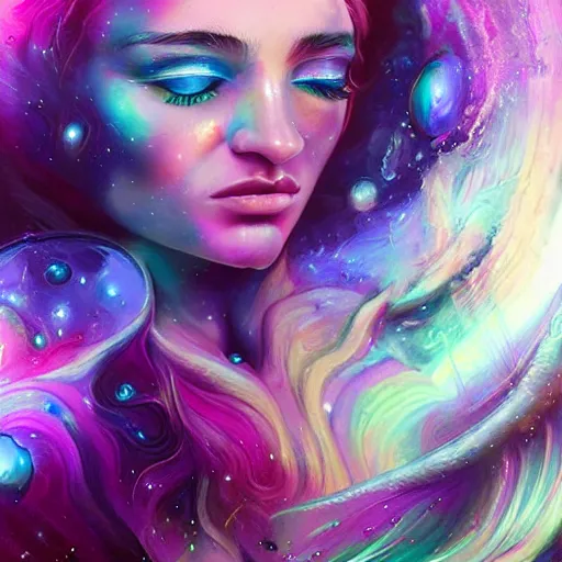 Image similar to a galaxy pink purple and blue colored, psychedelic ethereal portrait, kim petras with her eyes closed, transcending to a higher plane of existence, eternal blessing, multiverse, by android jones, by ben ridgeway, visionary art, by artgerm, featured on artstation, cgsociety, by greg rutkowski