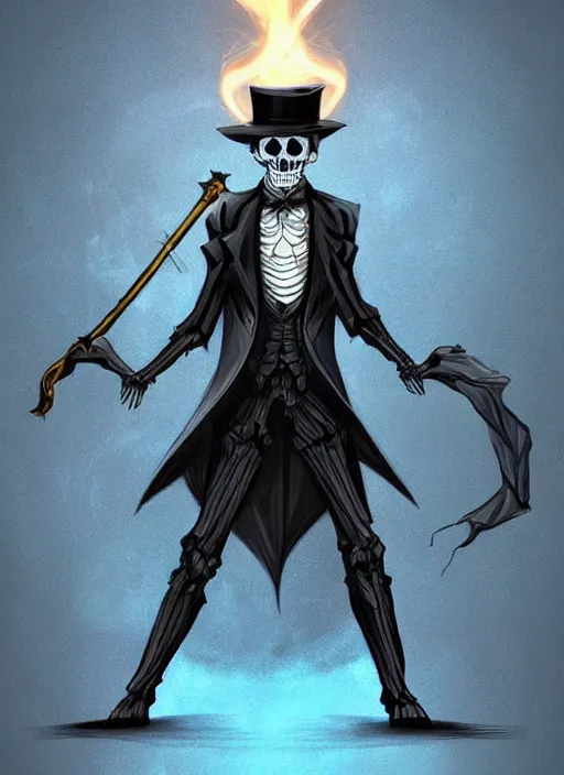 Image similar to DND character concept, skeletal male figure, wearing a deep black suit!!! and tie and top hat, holding a gold! cane!. Surrounded by light blue!!! flames!!