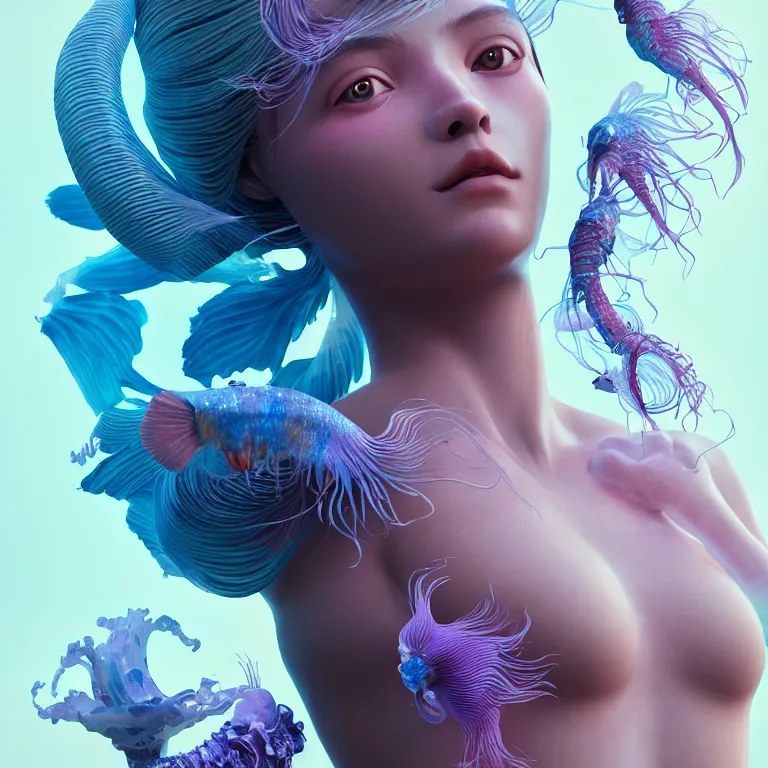 Image similar to goddess full painted acryllic sculpture close-up portrait. orchid bird phoenix jellyfish betta fish, intricate artwork by Tooth Wu and wlop and beeple. octane render, trending on artstation, greg rutkowski very coherent symmetrical artwork. cinematic, hyper realism, high detail, octane render, 8k