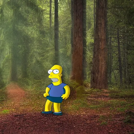 Image similar to Homer Simpson in the woods photo realistic creepy 4K