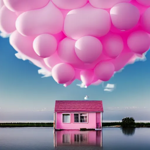 Image similar to a 5 0 mm lens photograph of a cute pink floating modern house, floating in the air between clouds, inspired by the movie up, held up from above by heartshaped ballons. mist, playful composition canon, nikon, award winning, photo of the year