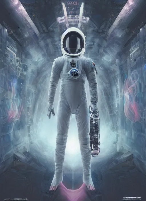 Image similar to astronaut in dark void underwater - complex and hyperdetailed technical suit design. reflection and dispersion materials. rays and dispersion of light. volumetric light. f / 3 2. noise film photo. flash photography. ultra realistic, 5 0 mm. poster by wayne barlowe, hajime sorayama aaron horkey, craig mullins